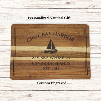 Cruz Bay Harbor US Virgin Islands sailboat cutting board personalized with Sea Whisper boat name nautical gift