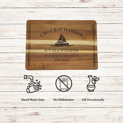 Cruz Bay Harbor US Virgin Islands cutting board care instructions showing how to clean oil and maintain acacia wood for long lasting use
