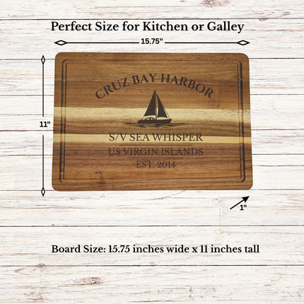 Cruz Bay Harbor US Virgin Islands sailboat cutting board dimensions and features including size thickness juice groove and edge detail