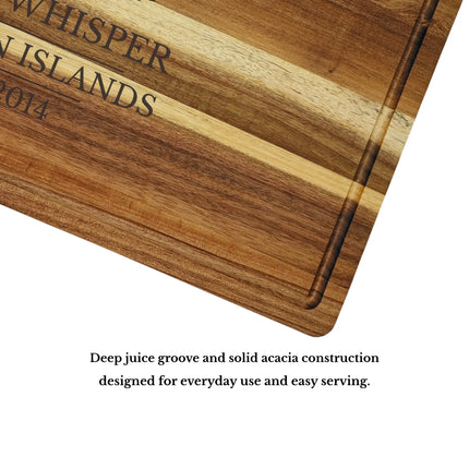 Cruz Bay Harbor US Virgin Islands cutting board juice groove and craftsmanship showing solid acacia wood quality and durability