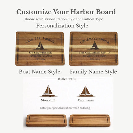 Cruz Bay Harbor US Virgin Islands cutting board personalization options showing custom boat name family name established year and sailboat engraving styles