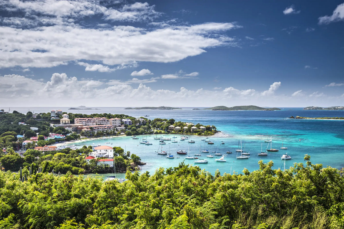 Aerial view of Cruz Bay Harbor in St. John, U.S. Virgin Islands, showing the harbor, mooring field, ferry dock, turquoise Caribbean waters, and surrounding tropical hills.