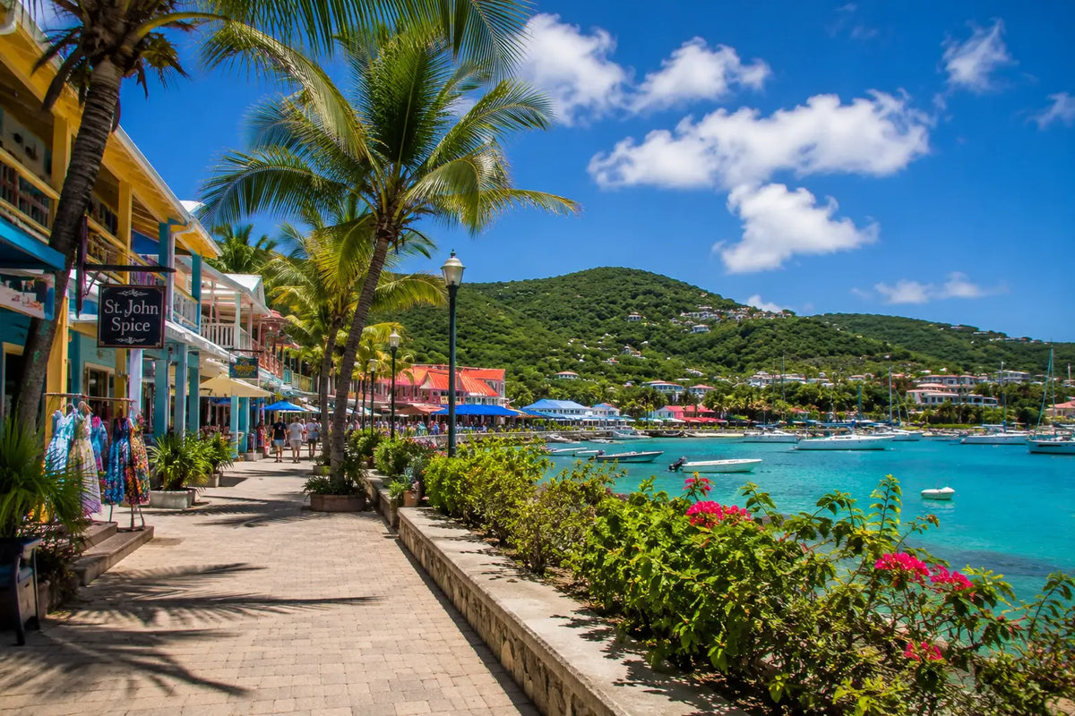 Palm-lined waterfront promenade in Cruz Bay, St. John, U.S. Virgin Islands, featuring colorful island shops, restaurants, sailboats, and the scenic harbor.