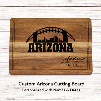 Custom Arizona cutting board with natural brown laser engraving featuring football skyline design and personalized family name