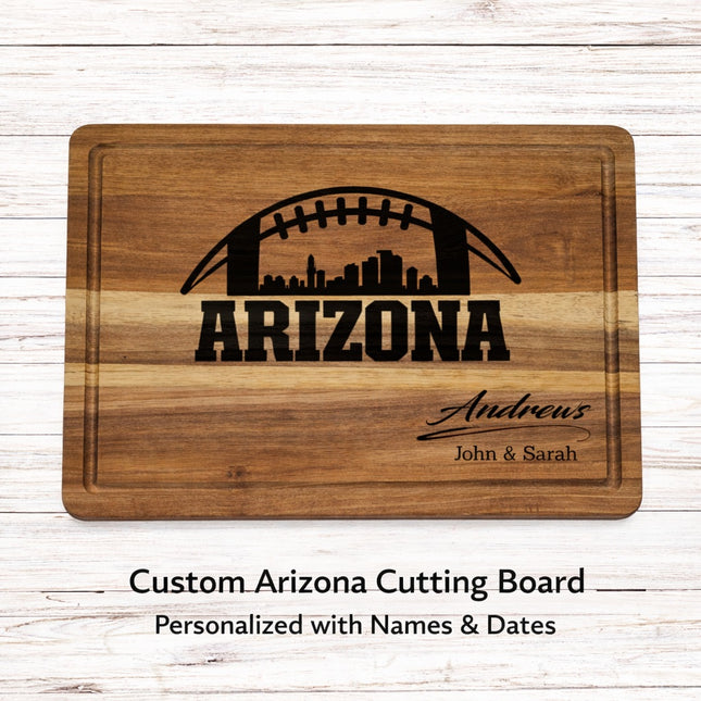Custom Arizona cutting board with natural brown laser engraving featuring football skyline design and personalized family name