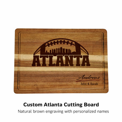 Custom Atlanta cutting board with natural brown laser engraving featuring city skyline football design and personalized family name