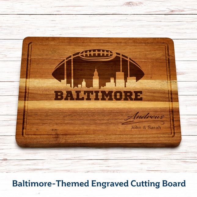Custom Baltimore cutting board with natural brown laser engraving featuring football skyline design and personalized family name