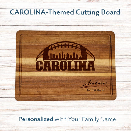 Custom Carolina cutting board with natural brown laser engraving featuring football skyline design and personalized family name