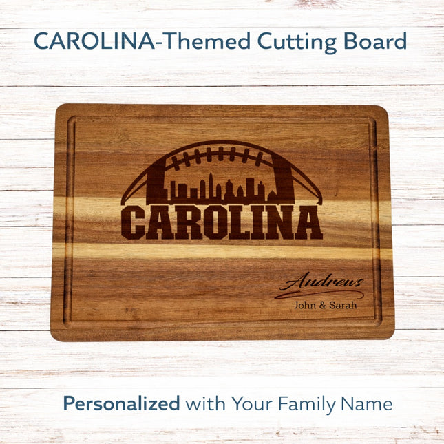 Custom Carolina cutting board with natural brown laser engraving featuring football skyline design and personalized family name