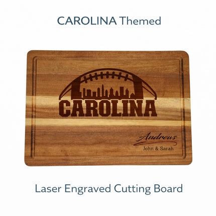 Custom Carolina cutting board with natural brown laser engraving and personalized family name