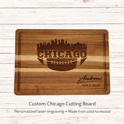 Custom Chicago football cutting board with skyline design and personalized family name, laser engraved in natural brown on solid hardwood