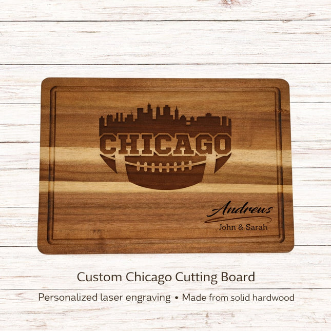 Custom Chicago football cutting board with skyline design and personalized family name, laser engraved in natural brown on solid hardwood