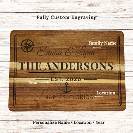 Example of personalized cutting board showing custom couple name established date and location layout