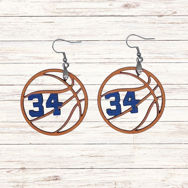 Personalized Basketball Earrings: Custom Team Number, Hand-Painted Baltic Birch