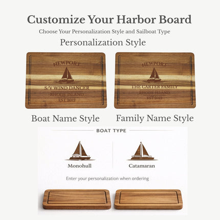Customization options for harbor sailboat cutting board showing boat name style family name style monohull and catamaran engraving choices