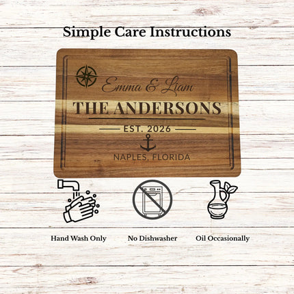 Care instructions for maintaining an acacia wood cutting board including cleaning and oiling tips