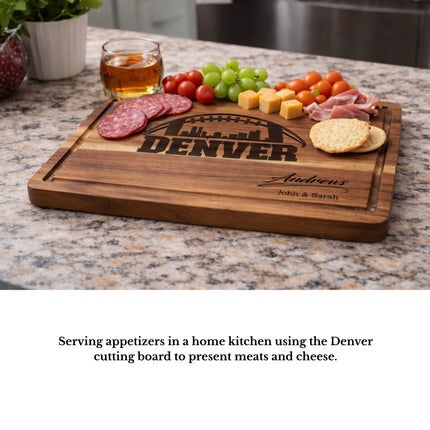 Denver football cutting board used in a kitchen to serve meats cheese and appetizers
