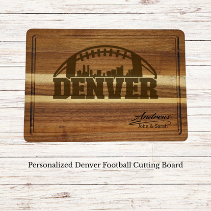 Personalized Denver football cutting board laser engraved on acacia wood with family name customization