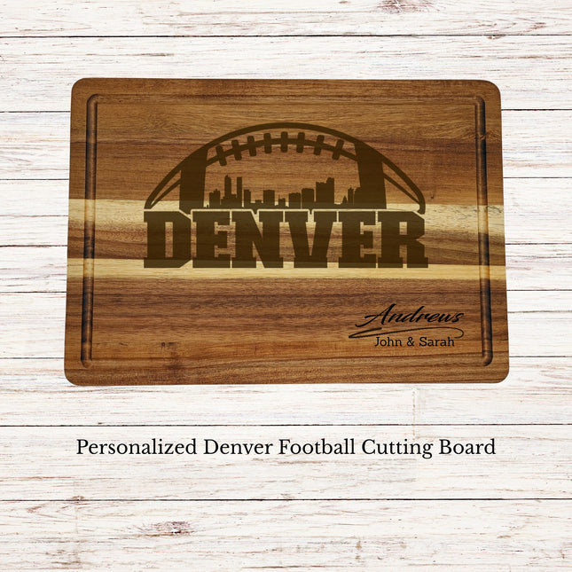Personalized Denver football cutting board laser engraved on acacia wood with family name customization