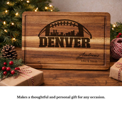 Personalized Denver football cutting board displayed as a gift idea with holiday decorations