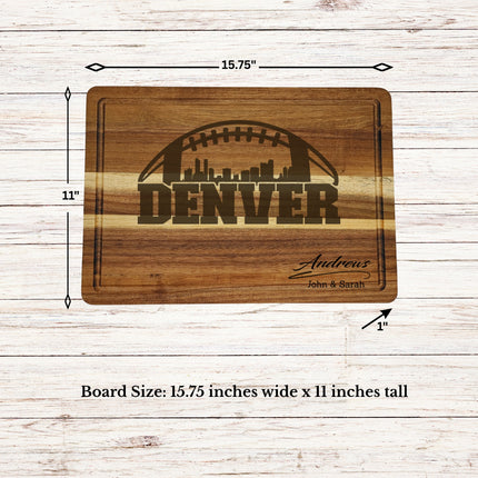 Denver football cutting board showing board dimensions of 15.75 inches wide by 11 inches tall
