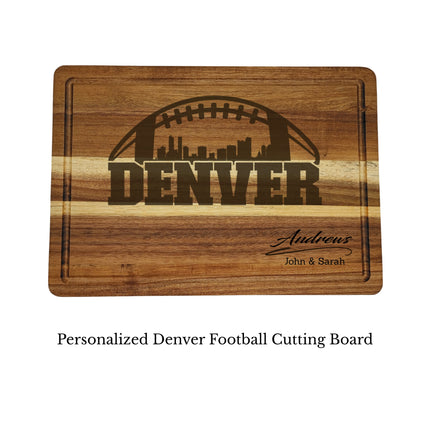 Personalized Denver football cutting board displayed on clean background showing engraved skyline design