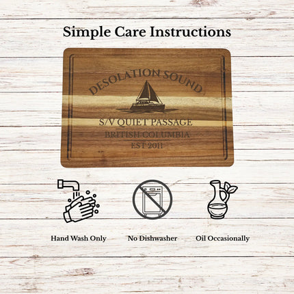 Desolation Sound British Columbia cutting board care instructions showing how to clean oil and maintain acacia wood