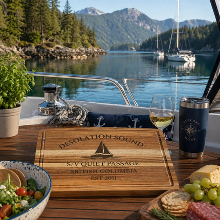 Desolation Sound British Columbia sailboat cutting board on a cockpit table with glassy water mountain reflections and anchored boats in a quiet remote cove