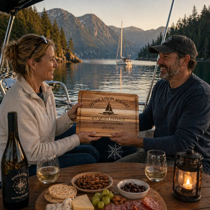 Desolation Sound British Columbia personalized cutting board being shared between sailors on a quiet sailboat at sunset in a calm protected anchorage