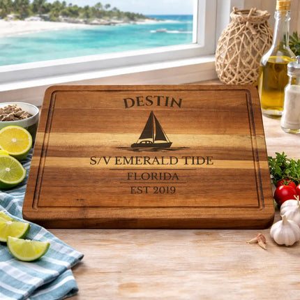 destin florida sailboat cutting board displayed in coastal kitchen setting emerald coast lifestyle