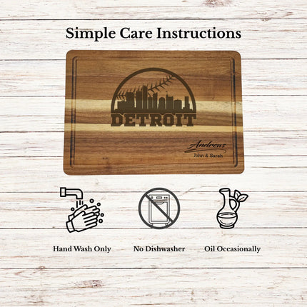 Care instructions for acacia wood cutting board showing cleaning oiling and maintenance for long lasting use