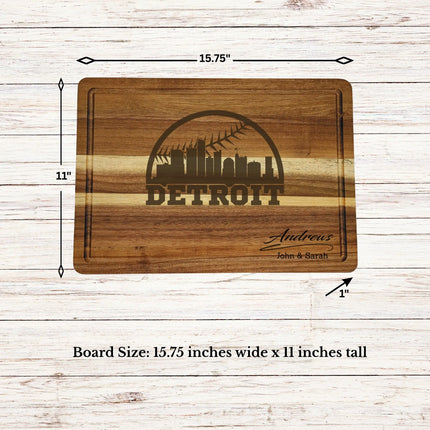 Detroit baseball cutting board dimensions showing size thickness and juice groove details on acacia wood board