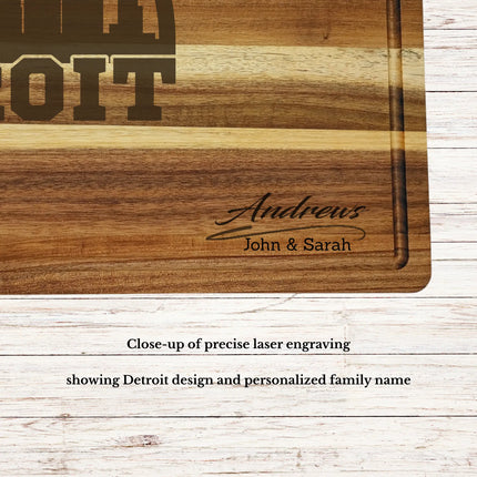 Close up of laser engraved Detroit skyline baseball design on personalized acacia wood cutting board