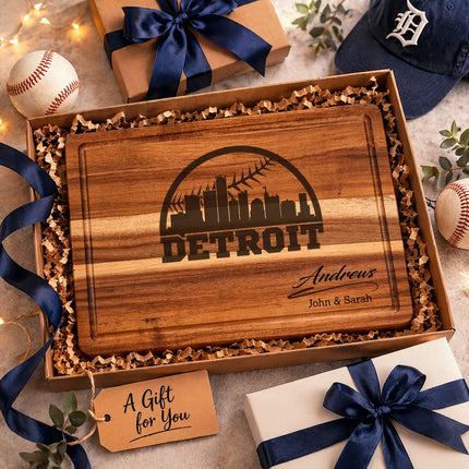 Personalized Detroit baseball cutting board presented as a gift with wrapped boxes ribbon and decorative elements