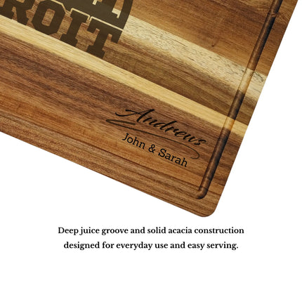 Acacia wood cutting board with deep juice groove and thick construction showing quality craftsmanship and durability