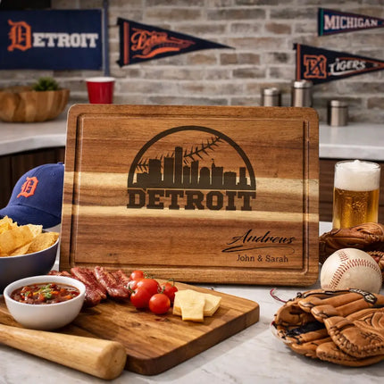 Detroit baseball cutting board displayed in kitchen with baseball themed decor food and entertaining setup