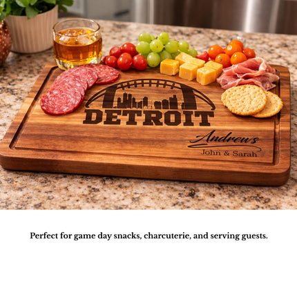 Detroit football cutting board used as a serving board with meats cheese and snacks in home kitchen