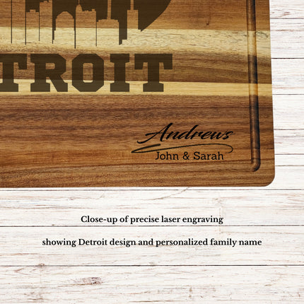 Close up of Detroit football cutting board showing detailed laser engraving and personalized name