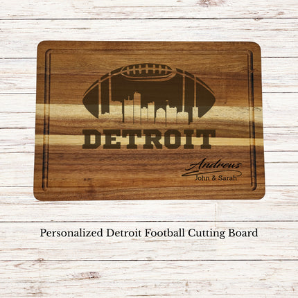 Personalized Detroit football cutting board engraved on acacia wood with city skyline and family name