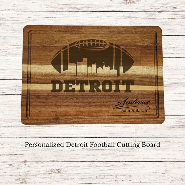 Personalized Detroit football cutting board engraved on acacia wood with city skyline and family name