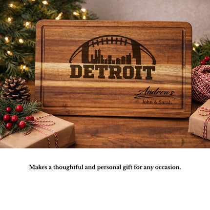 Personalized Detroit football cutting board displayed as a thoughtful gift idea for football fans