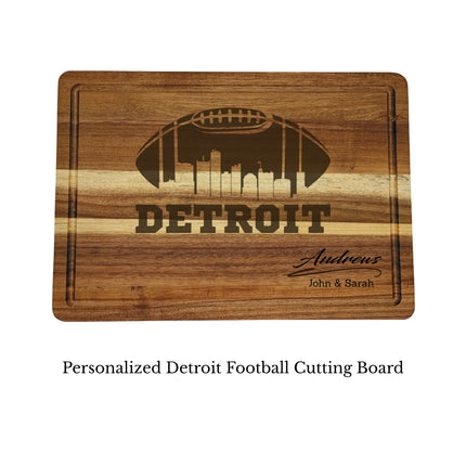 Detroit football cutting board personalized with family name shown on clean white background