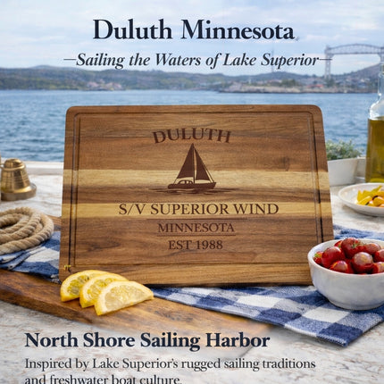 Duluth Minnesota sailboat cutting board displayed in kitchen setting inspired by Lake Superior sailing rugged North Shore and freshwater boating lifestyle
