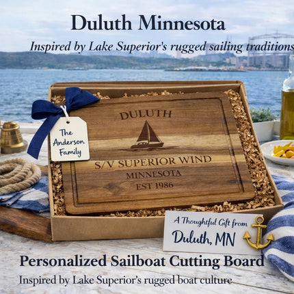 Personalized Duluth Minnesota sailboat cutting board gift for Anderson family in nautical themed packaging perfect for lake house or sailor gift