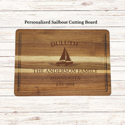Personalized Duluth Minnesota sailboat cutting board engraved with S V Superior Wind custom nautical gift for lake home or boat