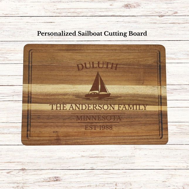 Personalized Duluth Minnesota sailboat cutting board engraved with S V Superior Wind custom nautical gift for lake home or boat