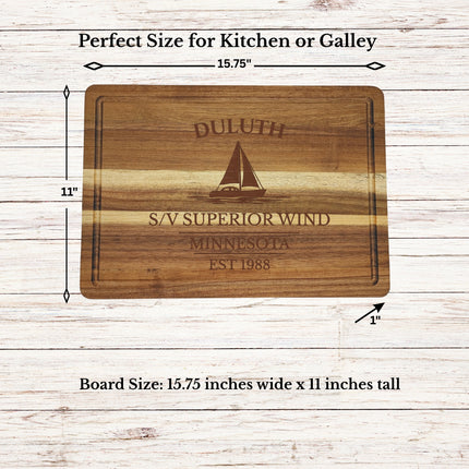 Duluth Minnesota personalized sailboat cutting board shown for food prep and serving with clear size and proportions