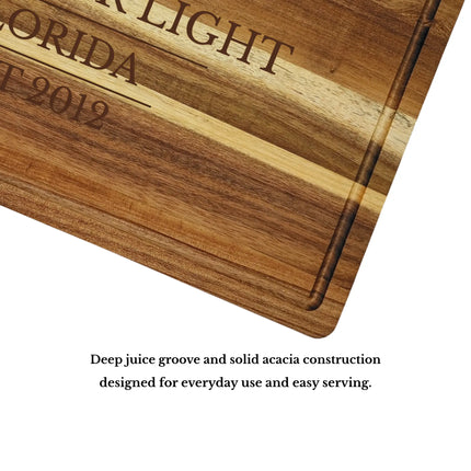 Dunedin Florida cutting board juice groove and craftsmanship showing solid acacia wood quality and durability