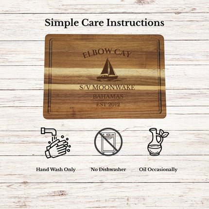 Elbow Cay Bahamas cutting board care instructions showing how to clean oil and maintain acacia wood for long lasting use