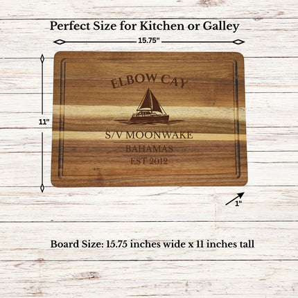 Elbow Cay Bahamas sailboat cutting board dimensions and features including size thickness juice groove and edge detail